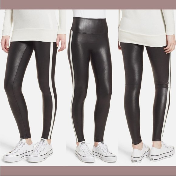 NWT $110‎ Spanx [ Small ] Side Stripe Faux Leather Leggings in Black/White #6118 - Picture 1 of 13